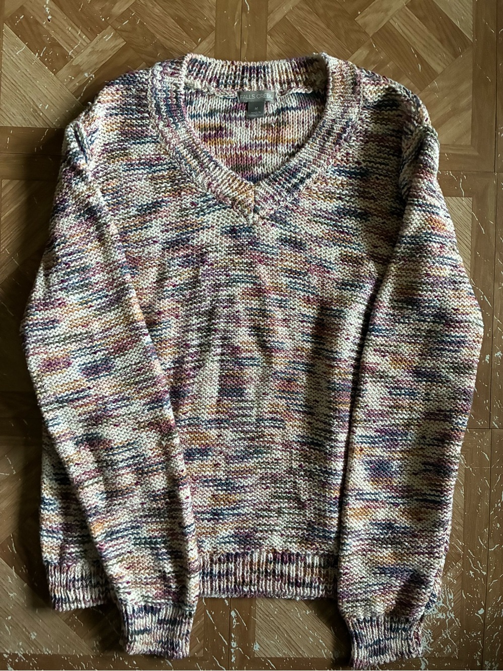 Falls Creek Multicolored V-Neck Sweater in Cream, Blue, Purple and Tan